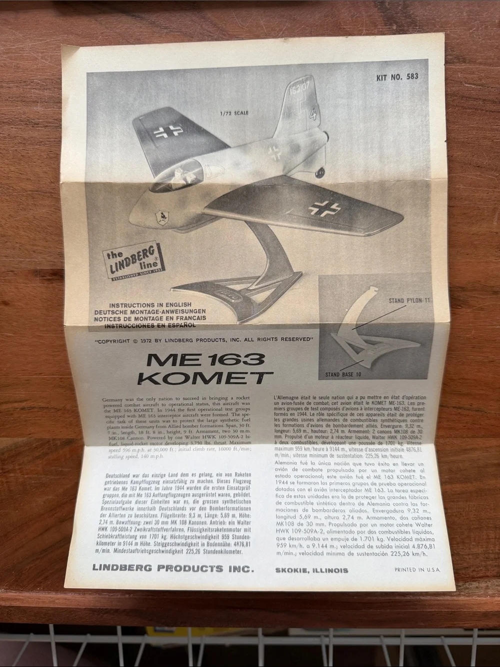 Lindberg ME 163 Komet Messerschmitt 1/72 Scale Model Kit Green 583:50 1972 7+